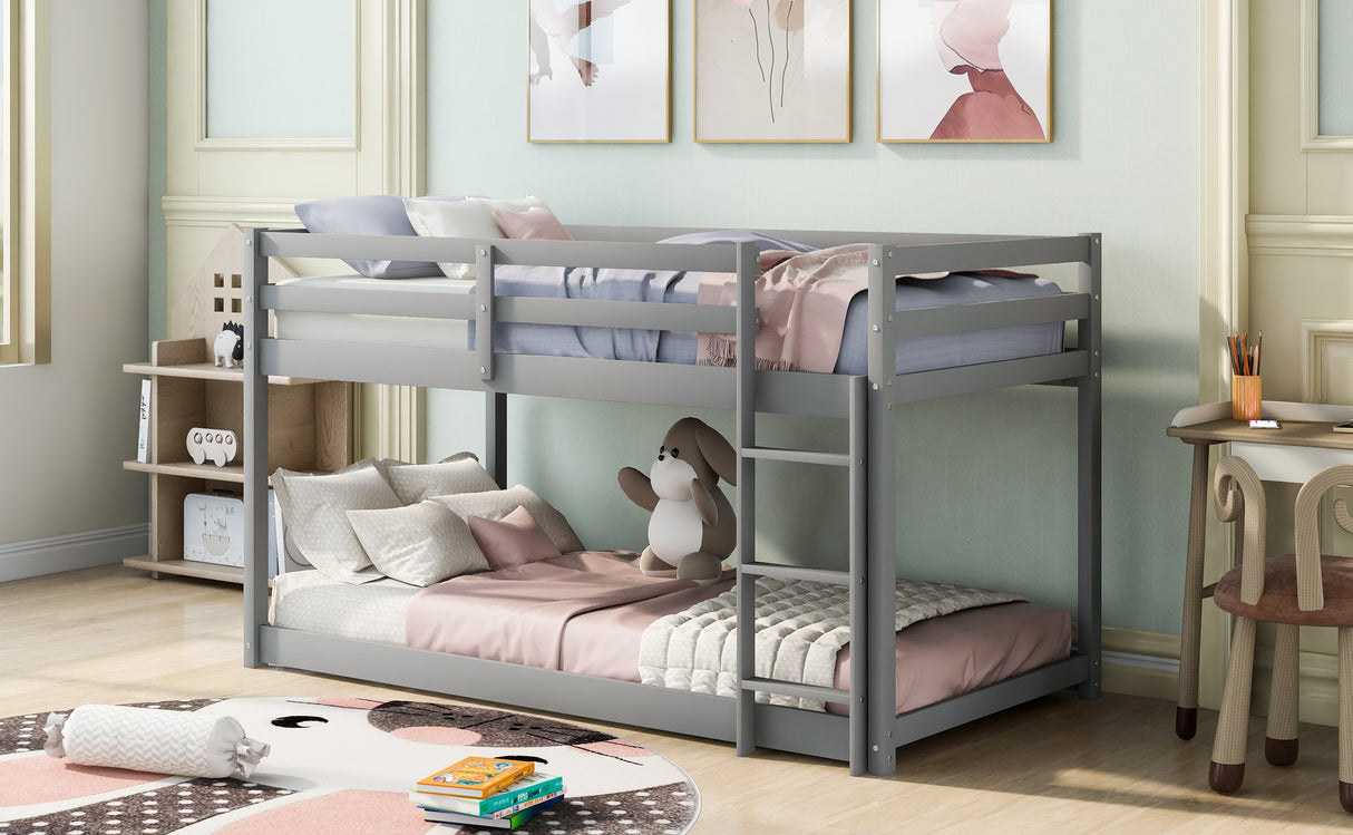 Twin over Twin Floor Bunk Bed with Ladder , White(Old SKU:WF281727AAE/WF286602AAE) - Home Elegance USA