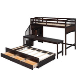 Stairway Twin XL Loft Bed with Twin Size Trundle and 3 Drawers, Storage, Desk, Espresso - Home Elegance USA