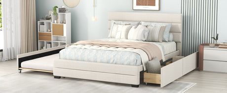 Queen Upholstered Platform Bed with Twin Size Trundle and Two Drawers, Beige - Home Elegance USA