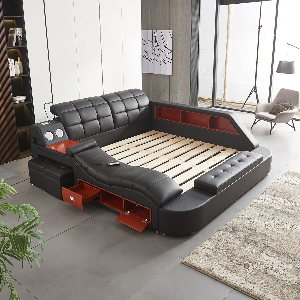 Multifunctional Upholstered Storage Bed Frame, Massage Chaise Lounge on Left, King Size, Black - Home Elegance USA