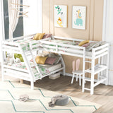 L-Shaped Twin over Full Bunk Bed and Twin Size Loft Bed with Built-in Desk,White - Home Elegance USA