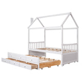 Twin size Wooden House Bed with Trundle and 3 Storage Drawers-White - Home Elegance USA