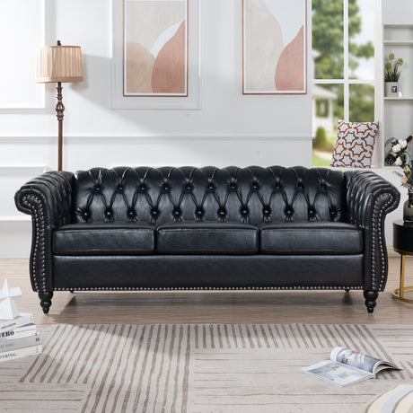 84.65" BLACK PU Rolled Arm Chesterfield Three Seater Sofa. - W68035340 - image - 1