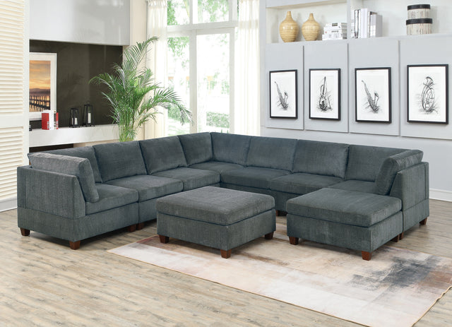 Living Room Furniture Grey Chenille Modular Sectional 9pc Set Large Family U- Sectional Modern Couch 3x Corner Wedge 4x Armless Chairs and 2x Ottoman Plywood - Home Elegance USA