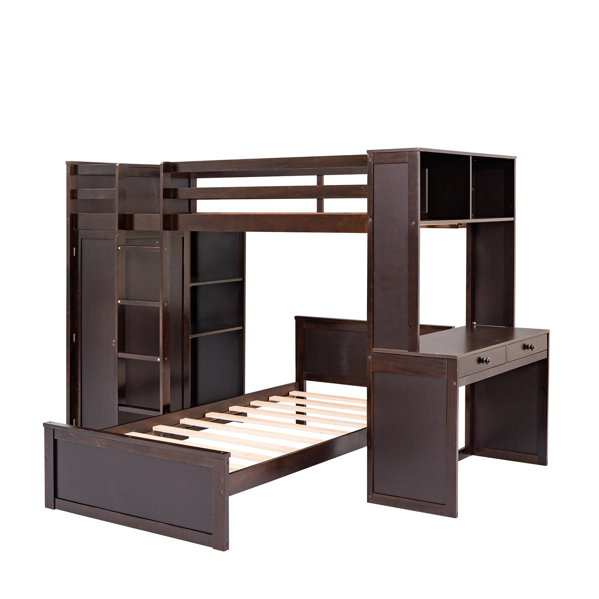 Twin size Loft Bed with a Stand-alone bed, Shelves,Desk,and Wardrobe-Espresso - Home Elegance USA