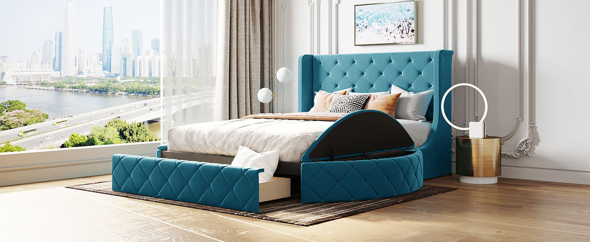 Upholstered Platform Bed Queen Size Storage Velvet Bed with Wingback Headboard and 1 Big Drawer,2 Side Storage Stool(Blue) - Home Elegance USA