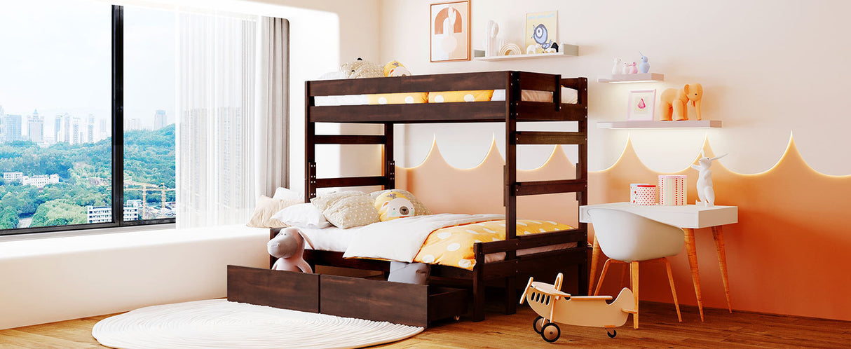 Twin over Full Wood Bunk Bed with 2 Drawers, Espresso - Home Elegance USA