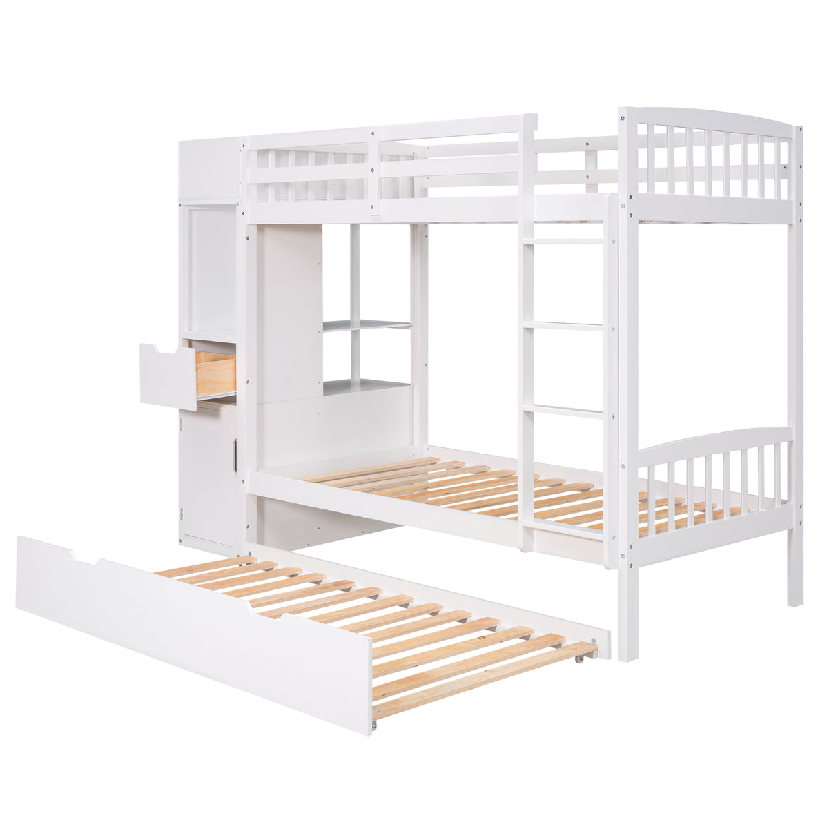 Twin Size Bunk Bed with Trundle and Attached Multifunctional Locker,White - Home Elegance USA