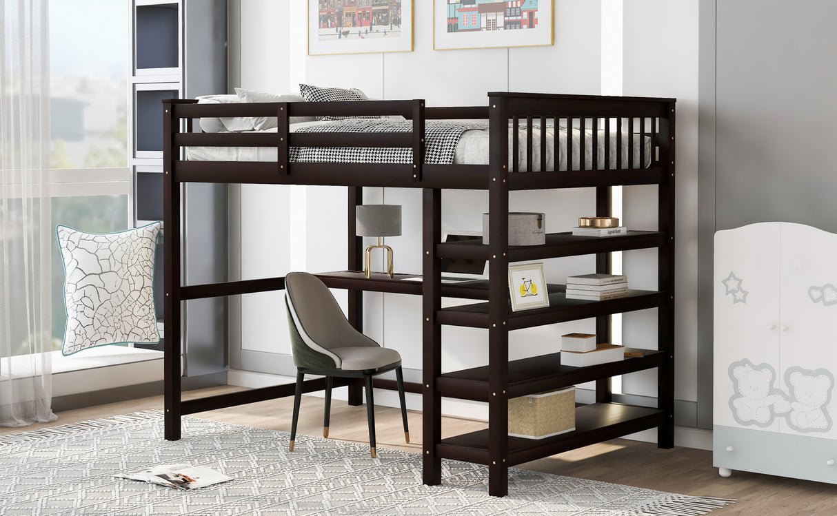 Full Size Loft Bed with Storage Shelves and Under-bed Desk, Espresso(OLD SKU:SM000246AAP-1) - Home Elegance USA