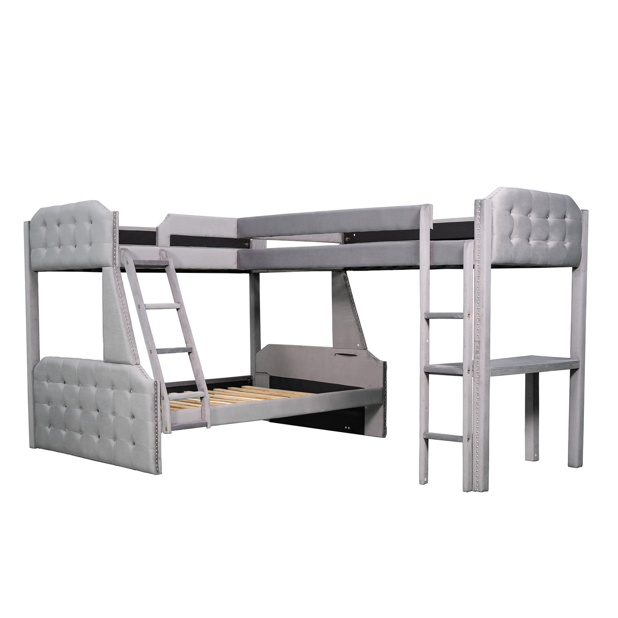 L-Shaped Twin over Full Bunk Bed and Twin Size Loft Bed with Desk,Grey - Home Elegance USA