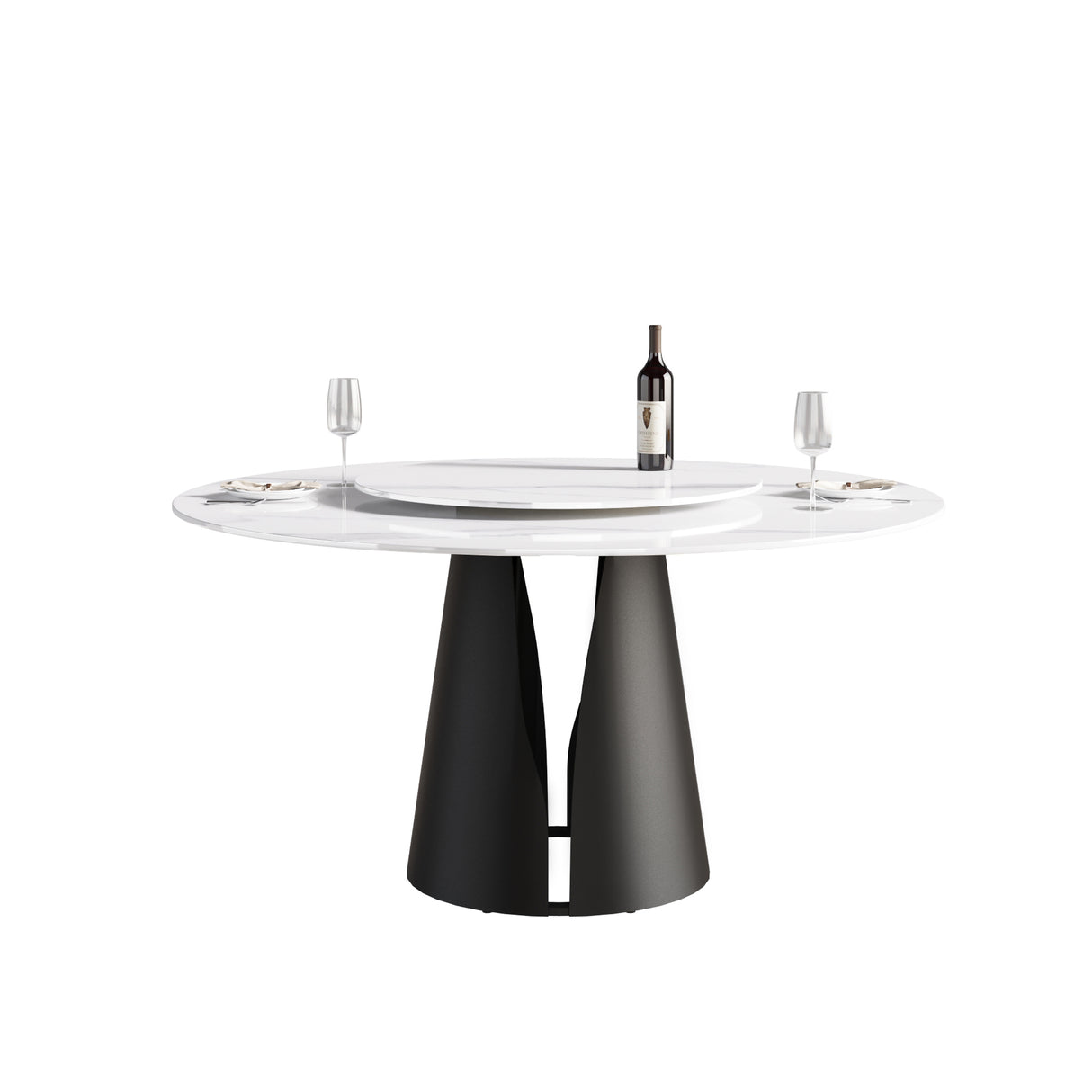 59.05"Modern artificial stone round black carbon steel base dining table-can accommodate 6 people-31.5"white artificial stone turntable - Home Elegance USA