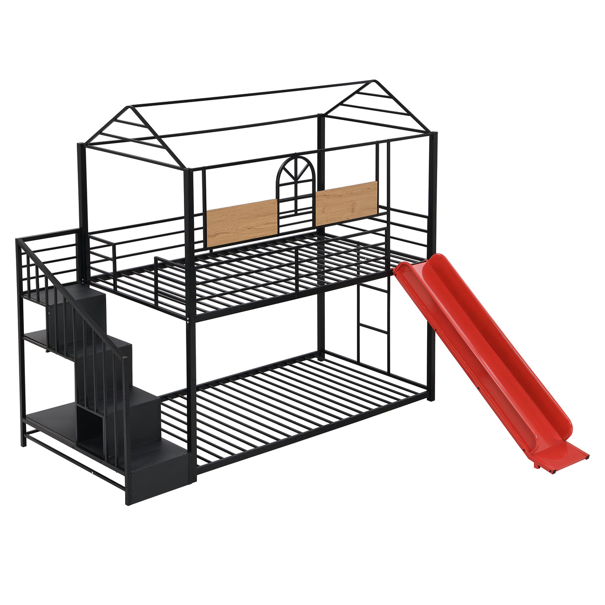 Twin Over Twin Metal Bunk Bed ,Metal Housebed with Slide and Storage Stair,Black with Red Slide(OLD SKU:LP000195AAJ) - Home Elegance USA