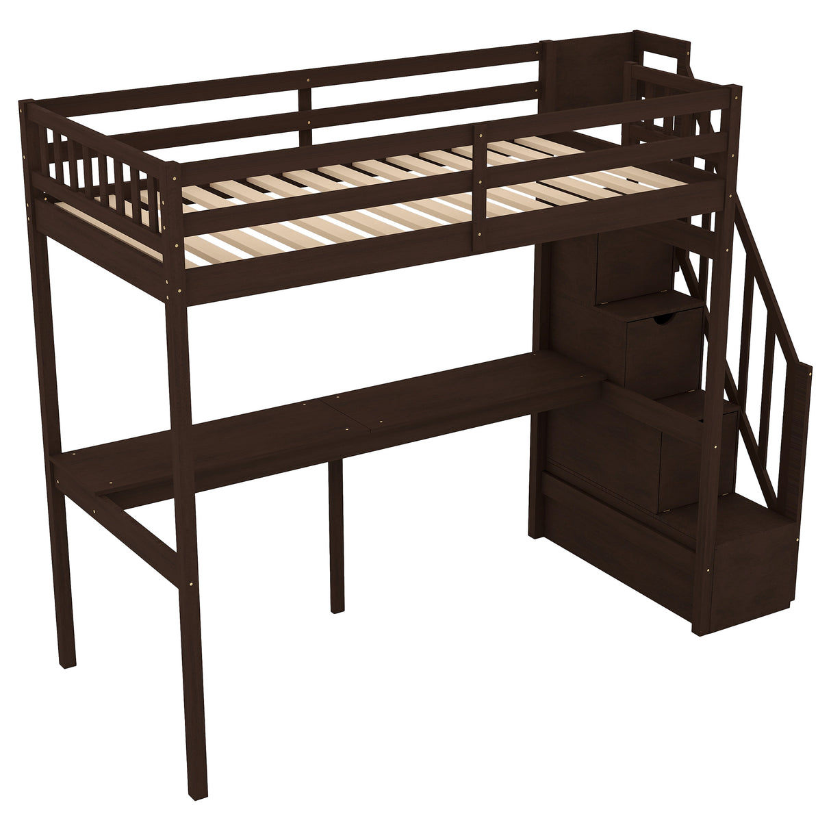 Twin Size Loft Bed with Storage Staircase and Built-in Desk, Espresso (Old SKU:GX000903AAP) - Home Elegance USA