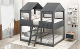 Full Over Full WoodBunk Bed with Roof, Window, Guardrail, Ladder (Gray)( old sku: LP000031AAN ) - Home Elegance USA