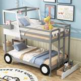 Twin over Twin Car-Shaped Bunk Bed with Wheels, Drawers and Shelves, Gray (Expected Arrival Time:7.30) - Home Elegance USA