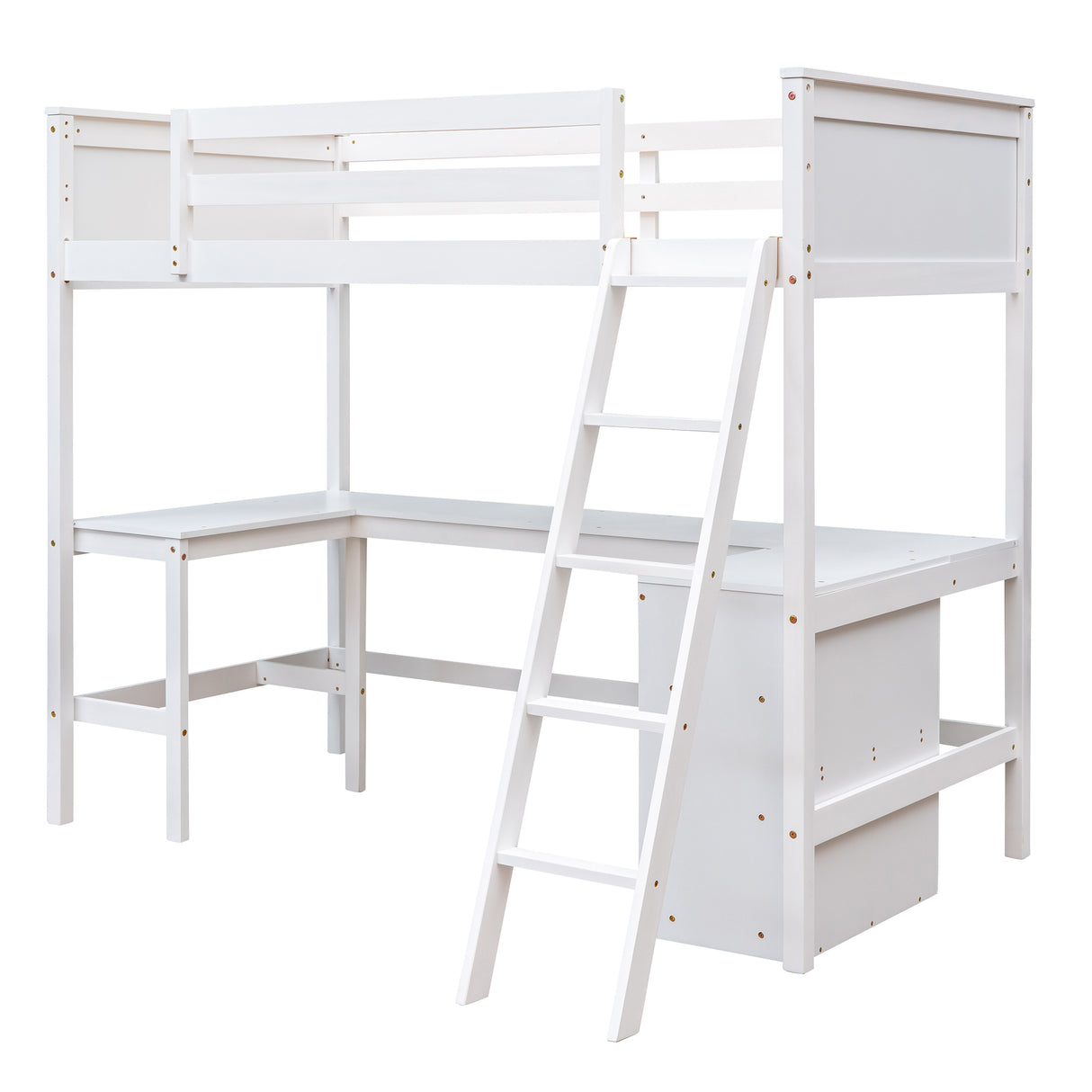 Twin size Loft Bed with Shelves and Desk, Wooden Loft Bed with Desk - White(OLD SKU:LT000537AAK) - Home Elegance USA