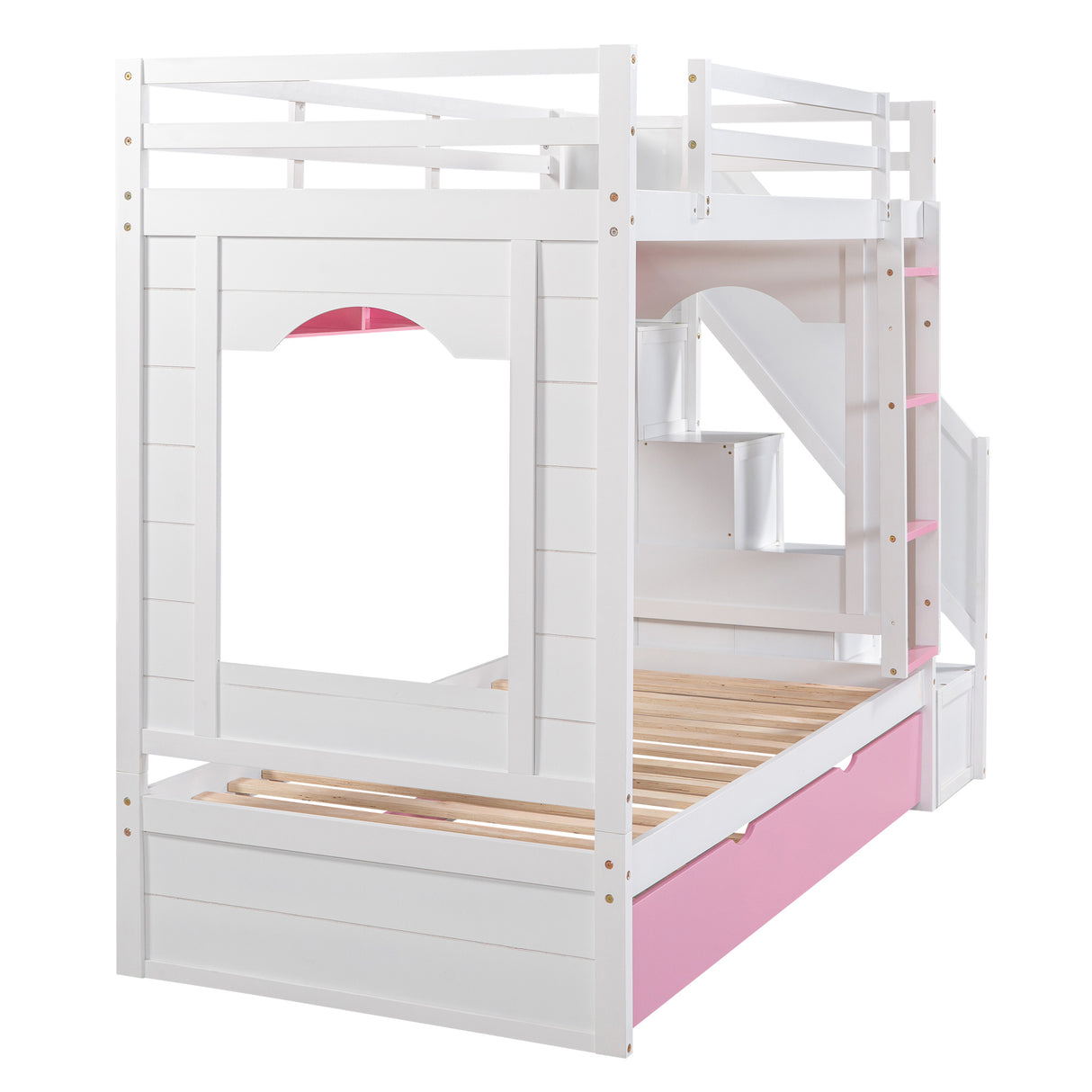 Twin Over Twin Bunk Bed with Trundle ,Stairs,Ladders Solid Wood Bunk bed with Storage Cabinet （White + Pink） - Home Elegance USA