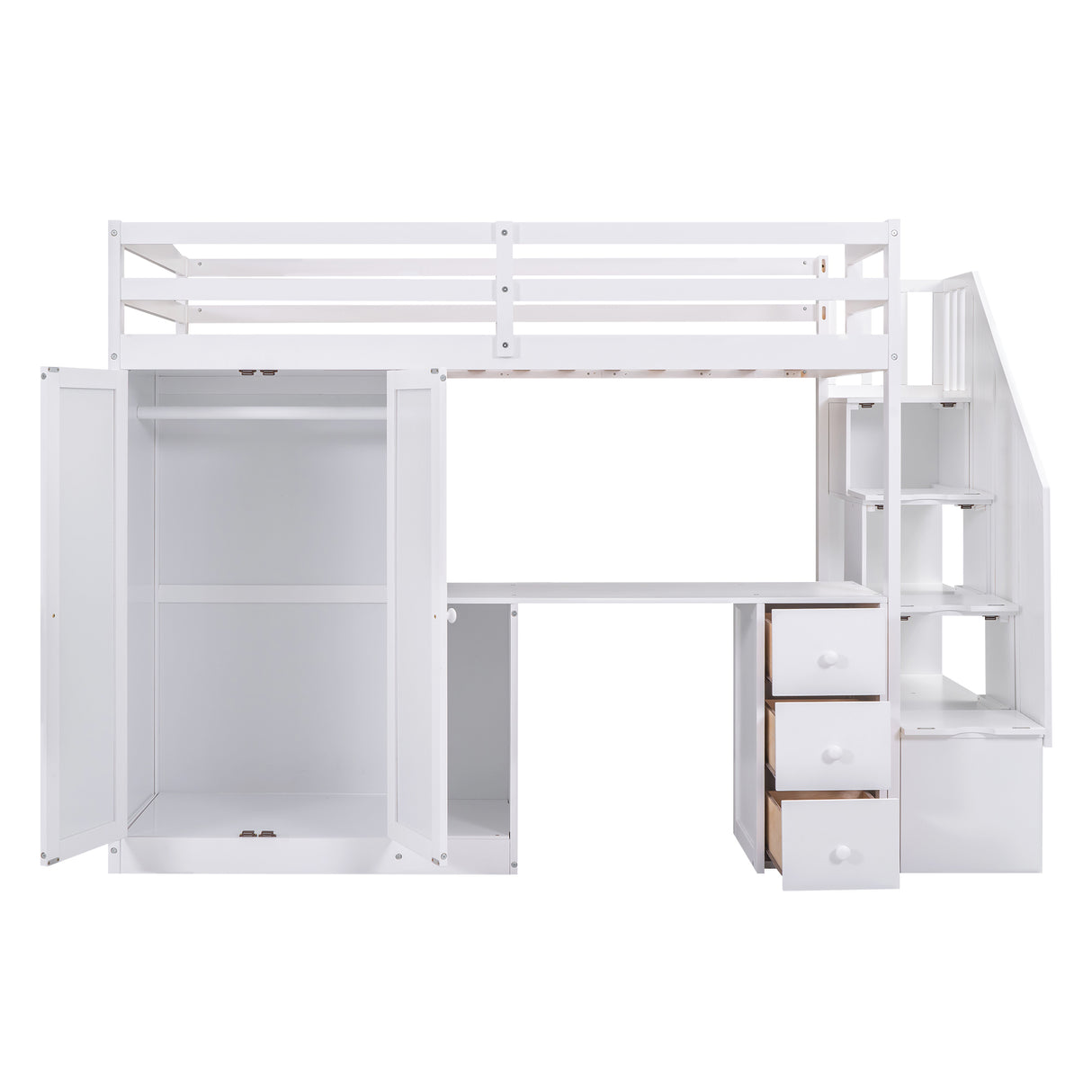 Twin Size Loft Bed with Wardrobe and Staircase, Desk and Storage Drawers and Cabinet in 1, White - Home Elegance USA