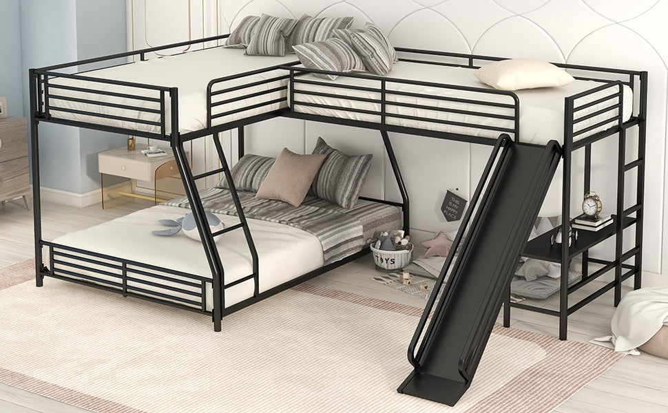 L-Shaped Twin over Full Bunk Bed with Twin Size Loft Bed,Built-in Desk and Slide,Black - Home Elegance USA