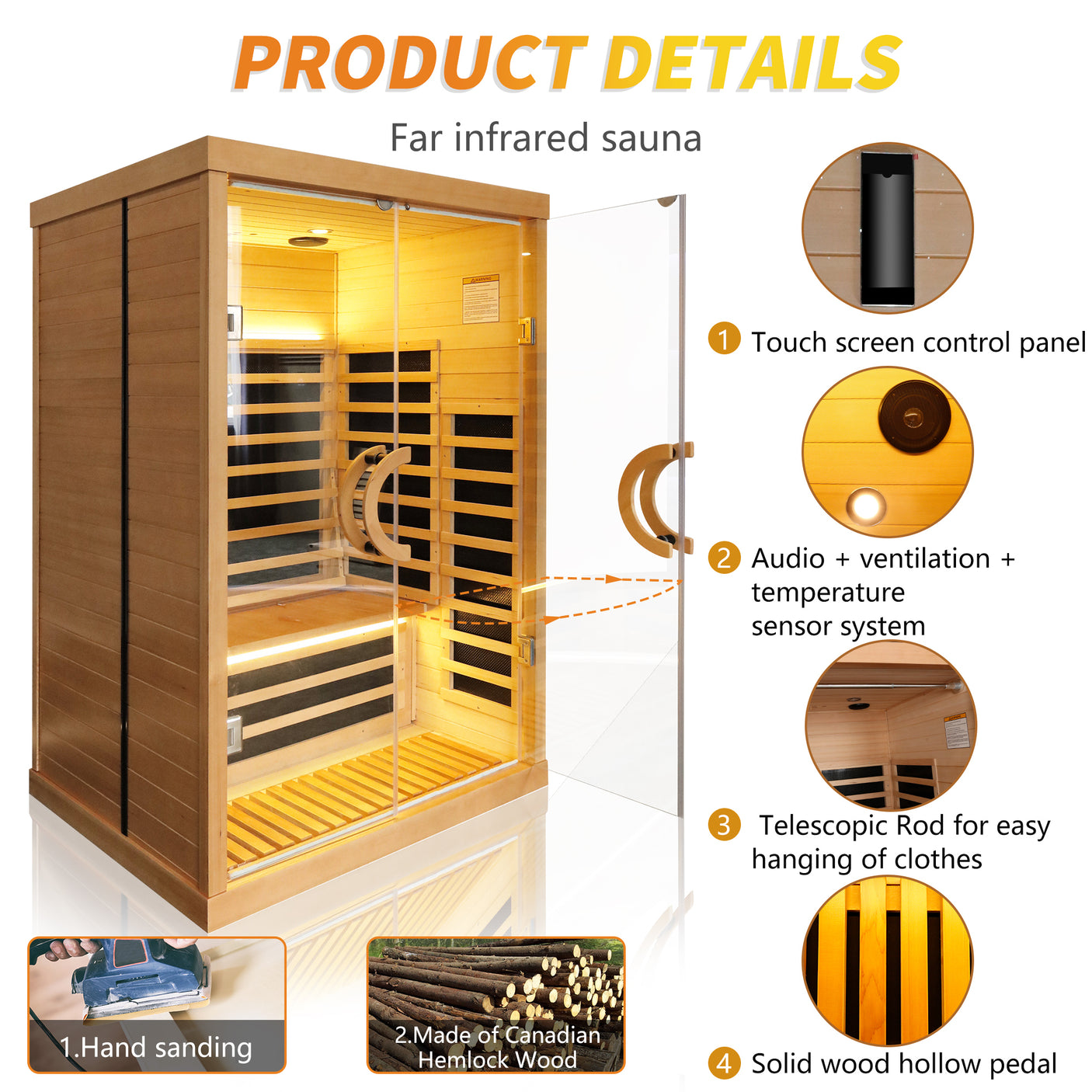 Far-infrared sauna room double glass family model with bluetooth audio app control