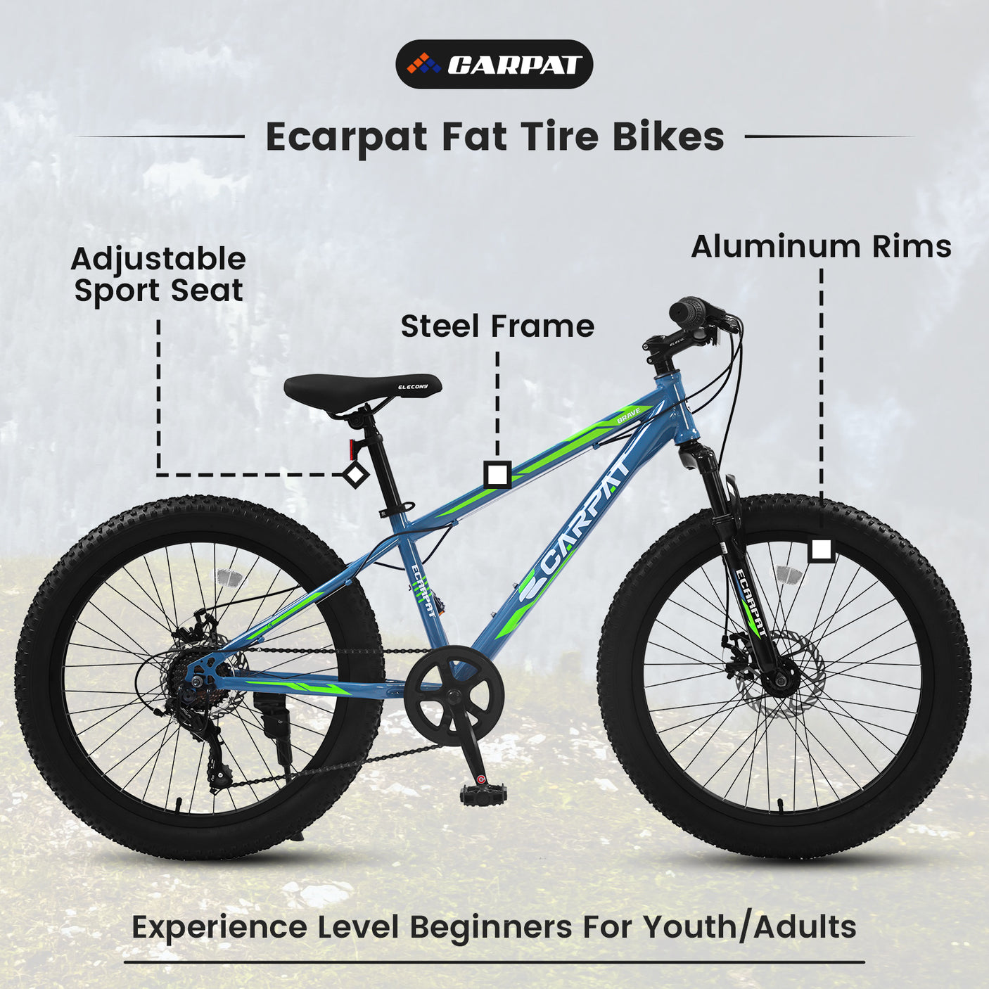 S24109 Elecony 24 Inch Fat Tire Bike Adult/Youth Full Shimano 7 Speeds Mountain Bike, Dual Disc Brake, High-Carbon Steel Frame, Front Suspension, Mountain Trail Bike, Urban Commuter City Bicycle