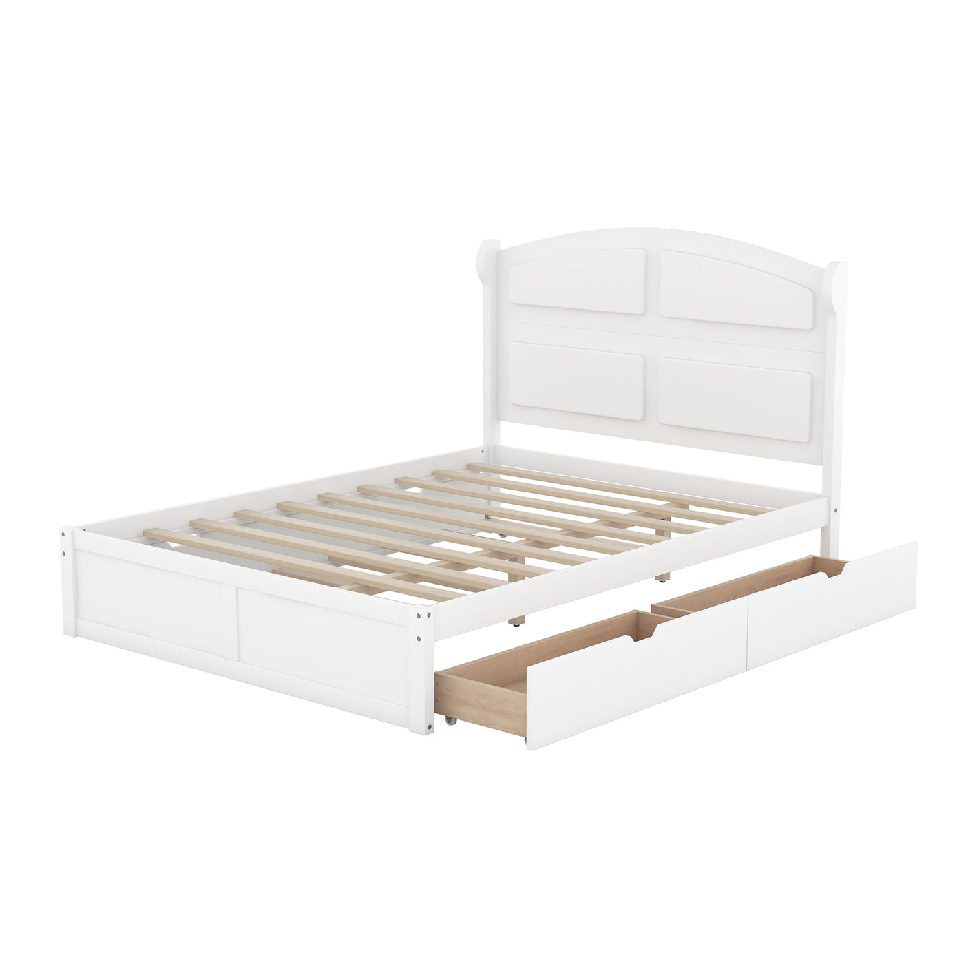 Wood Queen Size Platform Bed with Twin Size Trundle and 2 Drawers, White(Expected Arrival Time: 9.2)