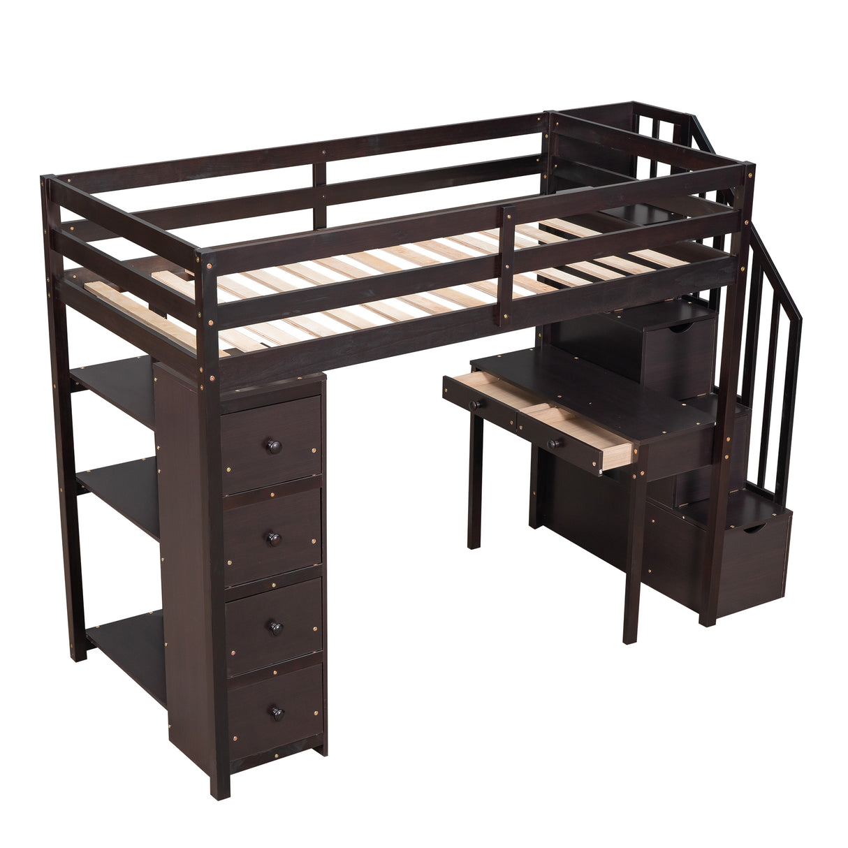 Twin size Loft Bed with Storage Drawers ,Desk and Stairs, Wooden Loft Bed with Shelves - Espresso - Home Elegance USA