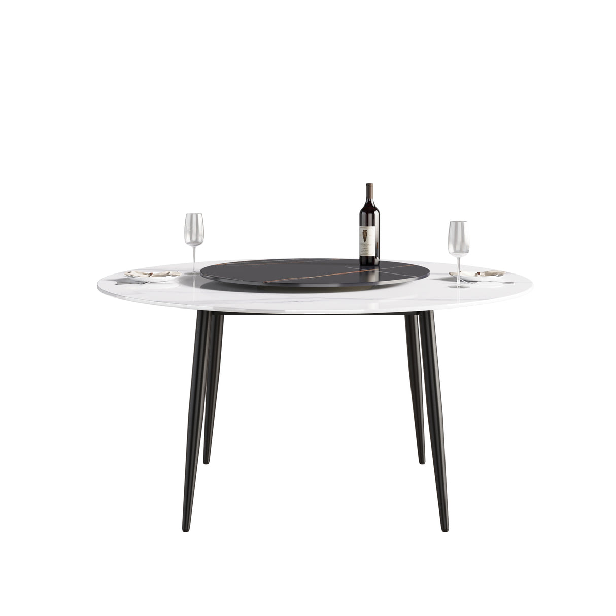 59.05"Modern artificial stone round black metal dining table - can accommodate 6 people - 31.5"black artificial stone turntable - W1535S00016 - image - 3