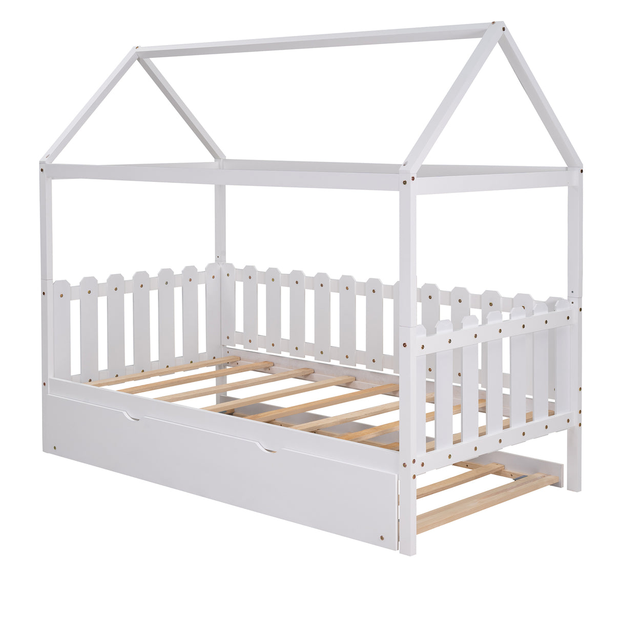 Twin Size House Bed with trundle, Fence-shaped Guardrail, White(New) - Home Elegance USA