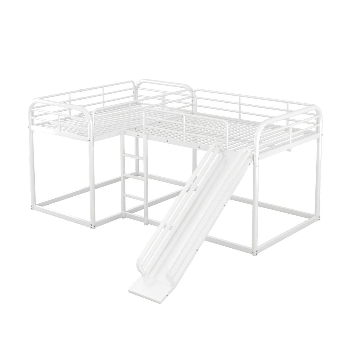 Full and Twin Size L-Shaped Bunk Bed with Slide and Short Ladder, White - Home Elegance USA