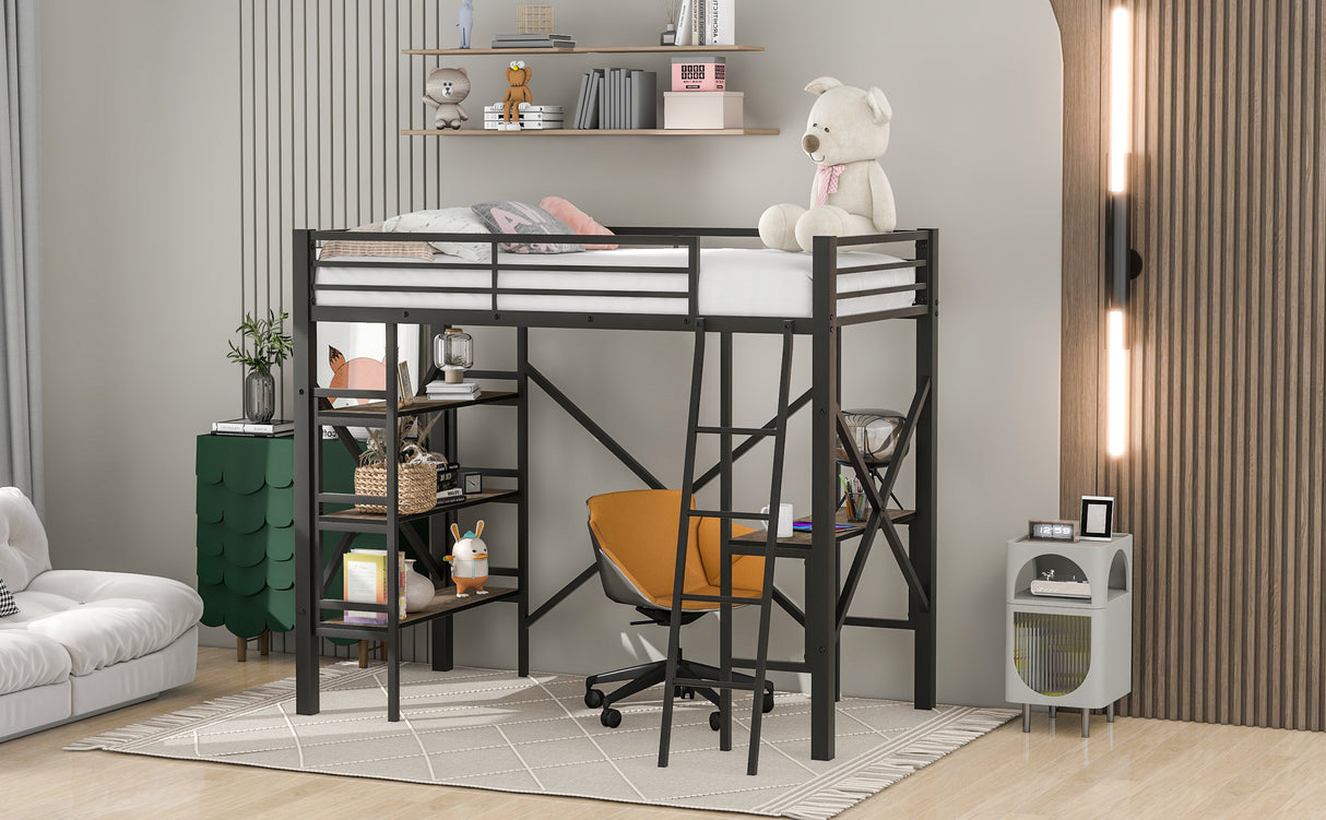 Twin Size Metal Loft Bed with Shelves and Desk, Black (Old SKU:SM001102AAB) - Home Elegance USA
