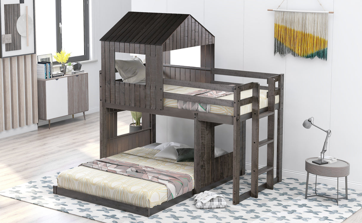 Wooden Twin Over Full Bunk Bed, Loft Bed with Playhouse, Farmhouse, Ladder and Guardrails , Antique Gray( old sku: LT000027AAE ) - Home Elegance USA