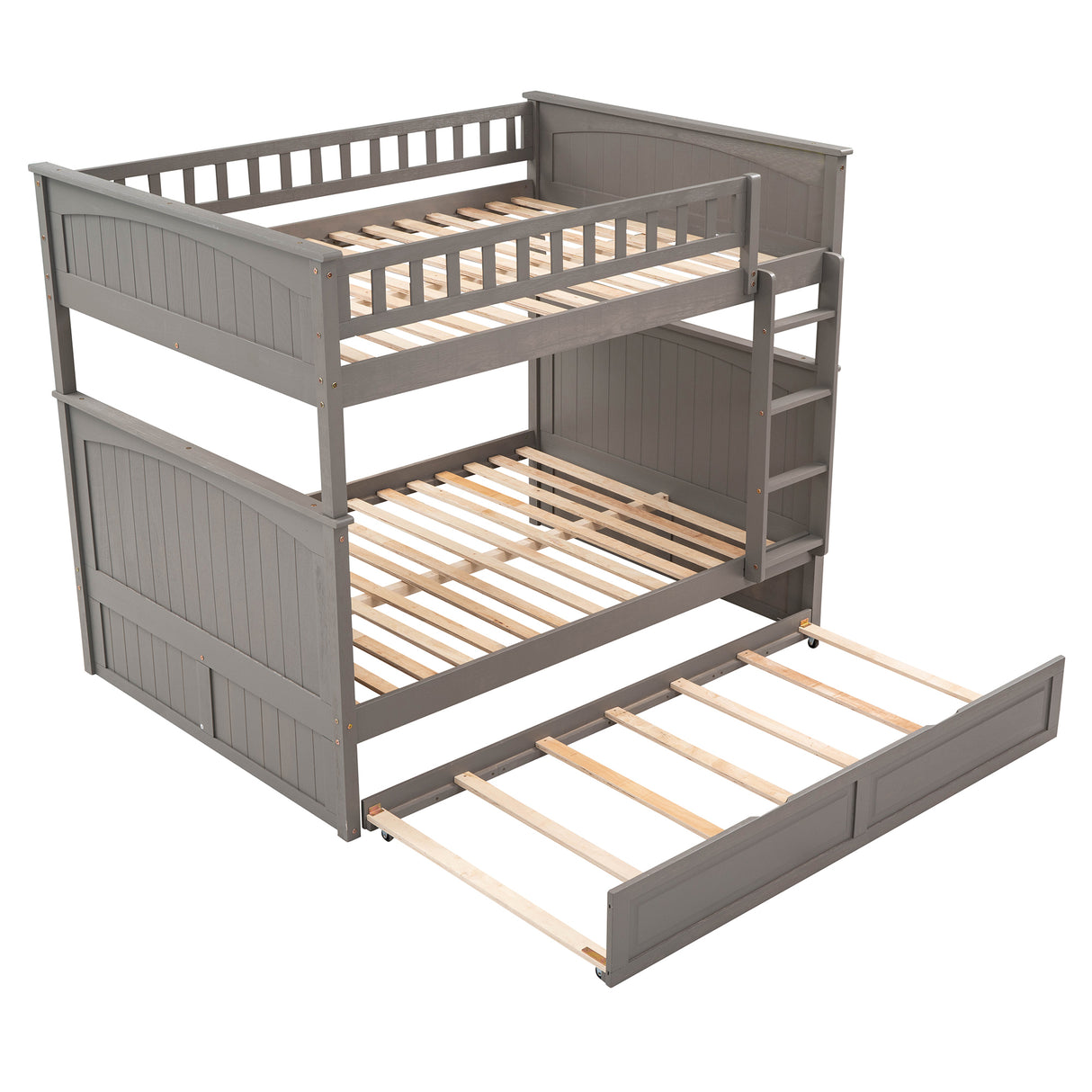 Full Over Full Bunk Bed with Twin Size Trundle, Pine Wood Bunk Bed with Guardrails, Brushed Gray(Old SKU：LP000044AAN) - Home Elegance USA