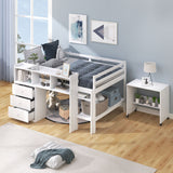 Full Size Low Loft Bed with Rolling Portable Desk, Drawers and Shelves,  White - Home Elegance USA