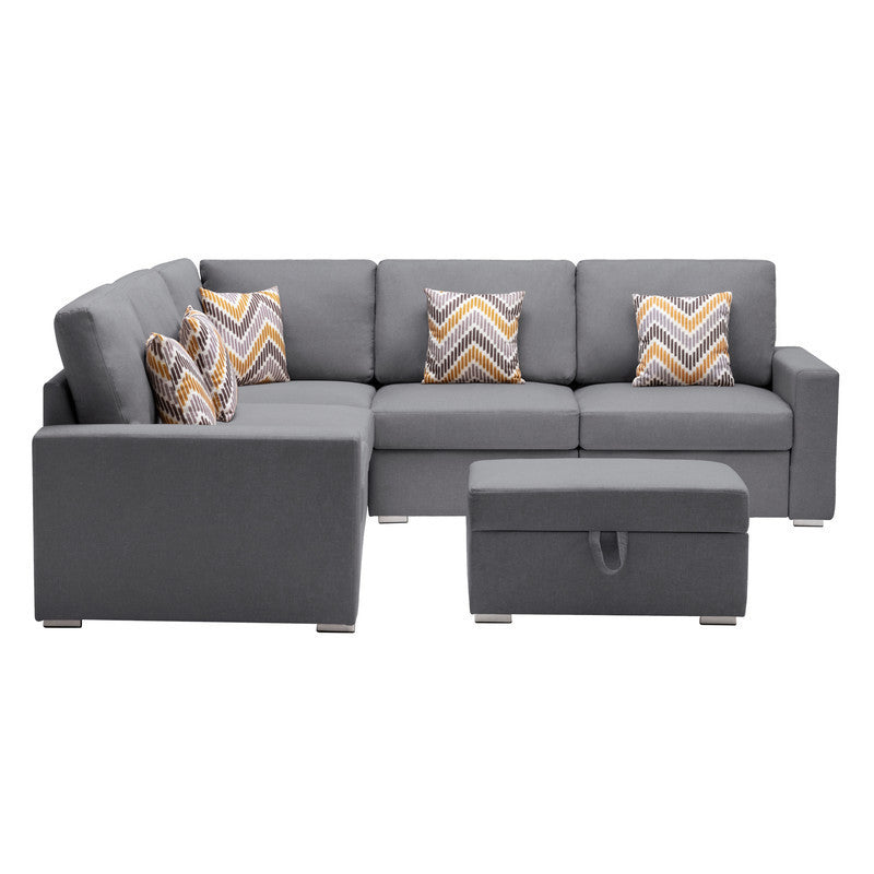 Nolan Gray Linen Fabric 6Pc Reversible Sectional Sofa with Pillows, Storage Ottoman, and Interchangeable Legs - Home Elegance USA