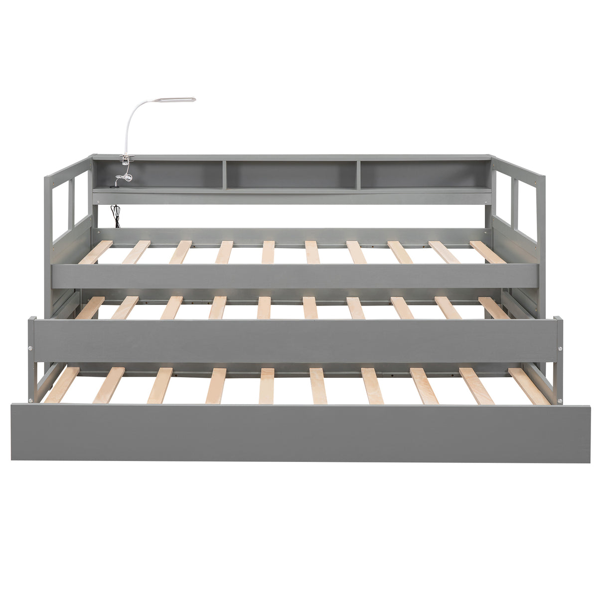 Twin XL Wood Daybed with 2 Trundles, 3 Storage Cubbies, 1 Light for Free and USB Charging Design, Gray - Home Elegance USA