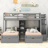 Twin over Twin&Twin Bunk Bed, Triple Bunk Bed with Drawers, Staircase with Storage, Built-in Shelves, Gray - Home Elegance USA