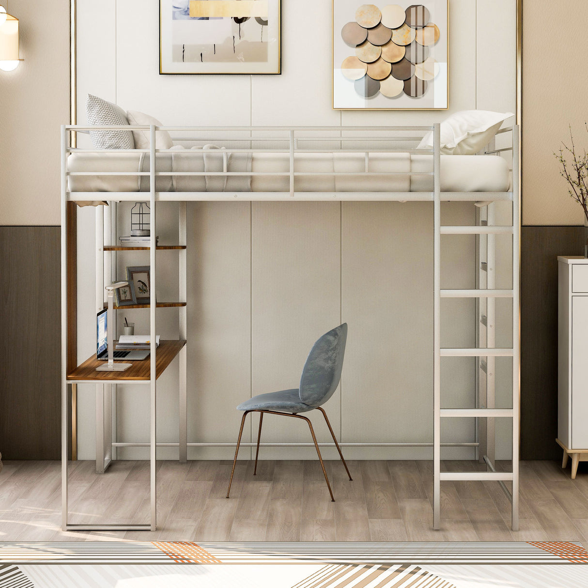 Full Size Metal Loft Bed with 2 Shelves and one Desk ,Silver (Old SKU: LP000191AAN )