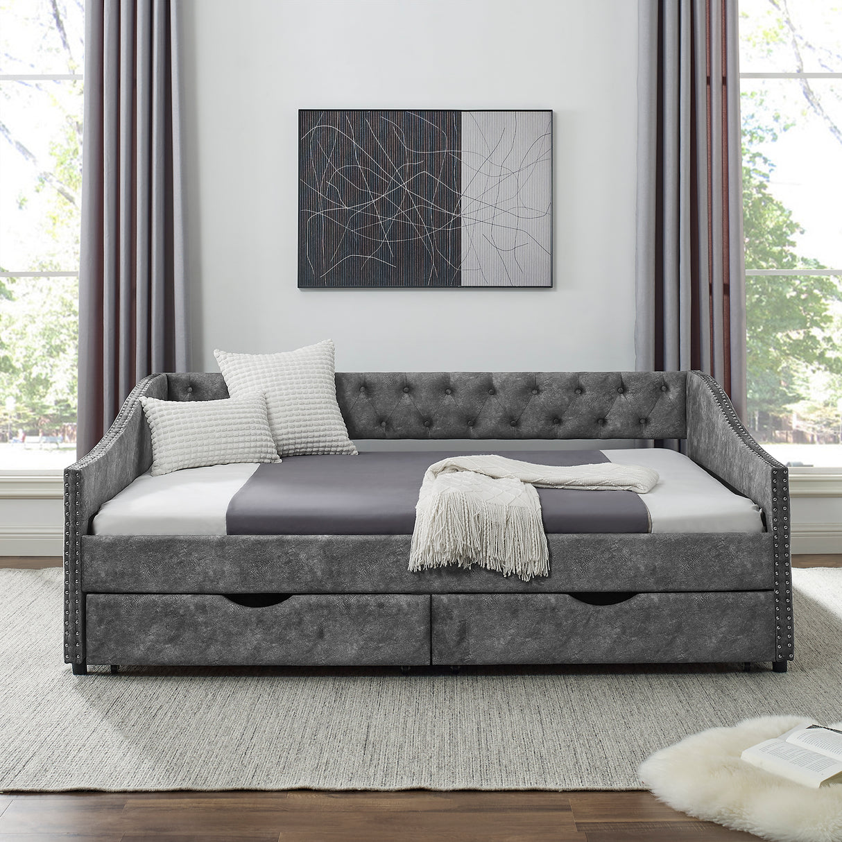 Full Size Daybed with Drawers Upholstered Tufted Sofa Bed, with Button on Back and Copper Nail on Waved Shape Arms，Grey（80.5“x55.5”x27.5“） Home Elegance USA