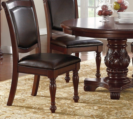 Majestic Classic Formal Dining Room Table And 4x Side Chairs Brown 5pc Set Dining Table Pedestal Base Round Table Faux Leather - Home Elegance USA