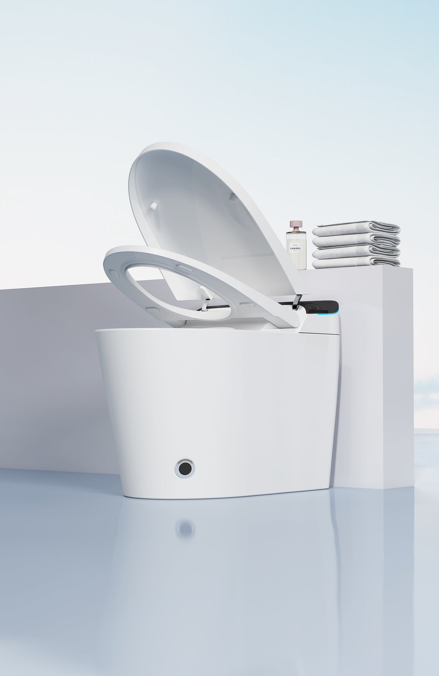 Smart toilet with auto flush, foot sensor flush, heated seat, warm water, warm air drying, remote Control