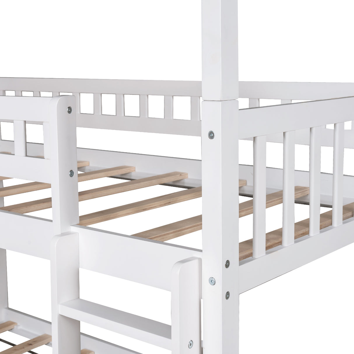 Twin-Over-Twin-Over-Twin Triple Bed with Built-in Ladder and Slide , Triple Bunk Bed with Guardrails, White - Home Elegance USA