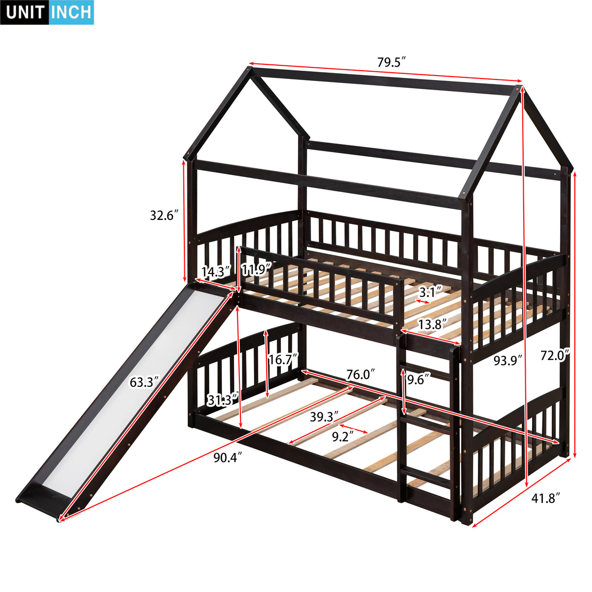 Twin Over Twin Bunk Bed with Slide, House Bed with Slide, Espresso(OLD SKU: LT000213AAP) - Home Elegance USA