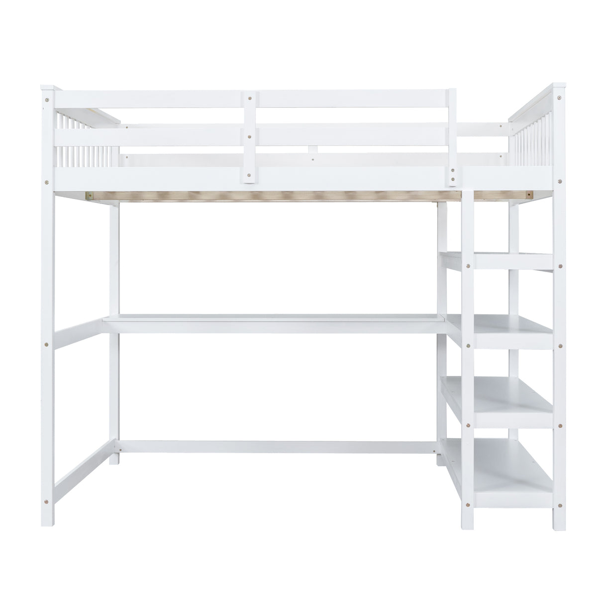 Full Size Loft Bed with Storage Shelves and Under-bed Desk, White - Home Elegance USA