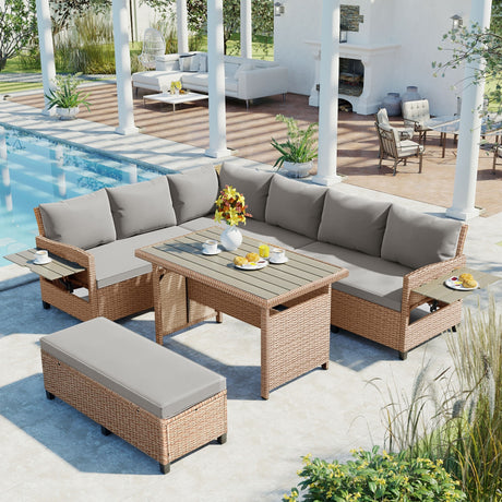 TOMAX 5-Piece Outdoor Patio Rattan Sofa Set, Sectional PE Wicker L-Shaped Garden Furniture Set with 2 Extendable Side Tables, Dining Table and Washable Covers for Backyard, Poolside, Indoor, Brown - Home Elegance USA