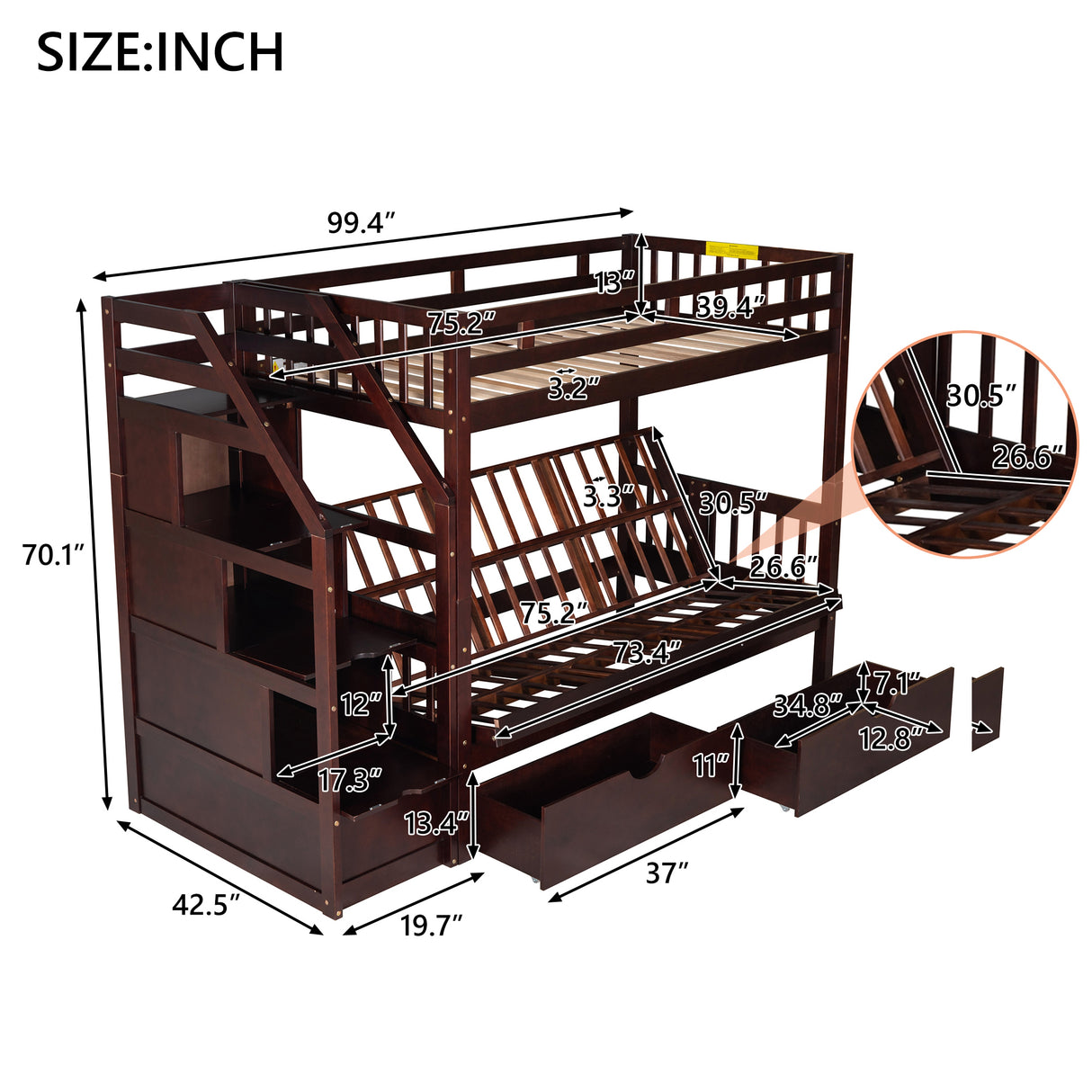 Twin over Full Bunk Bed with Two Drawers and Staircase, Down Bed can be Converted into Daybed,Espresso - Home Elegance USA