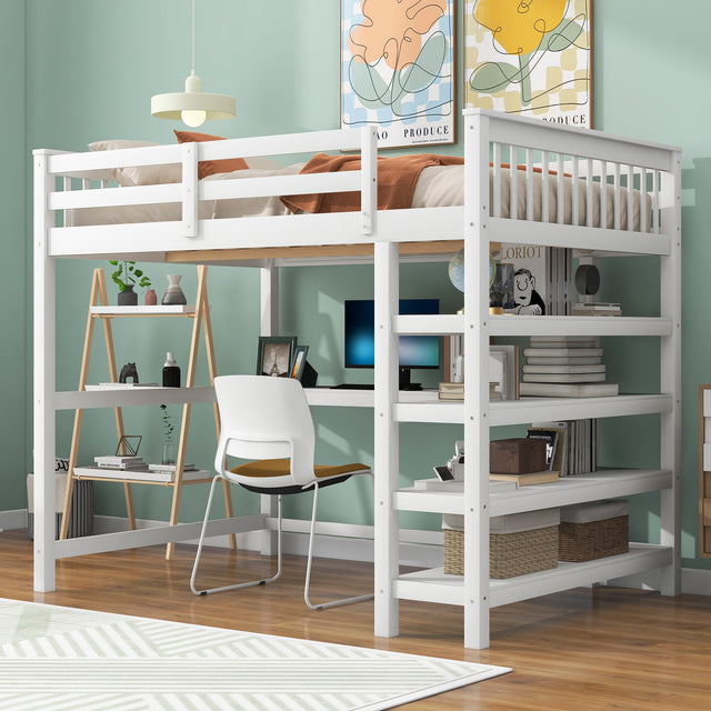 Full Size Loft Bed with Storage Shelves and Under-bed Desk, White - Home Elegance USA