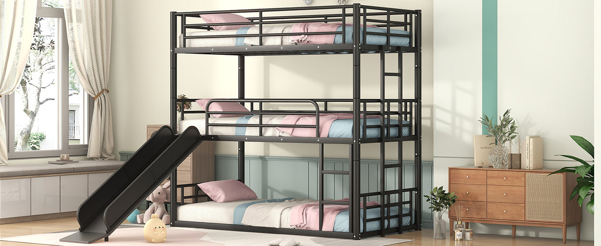 Twin Size Metal Bunk Bed with Ladders and Slide, Divided into Platform and Loft Bed, Black - Home Elegance USA