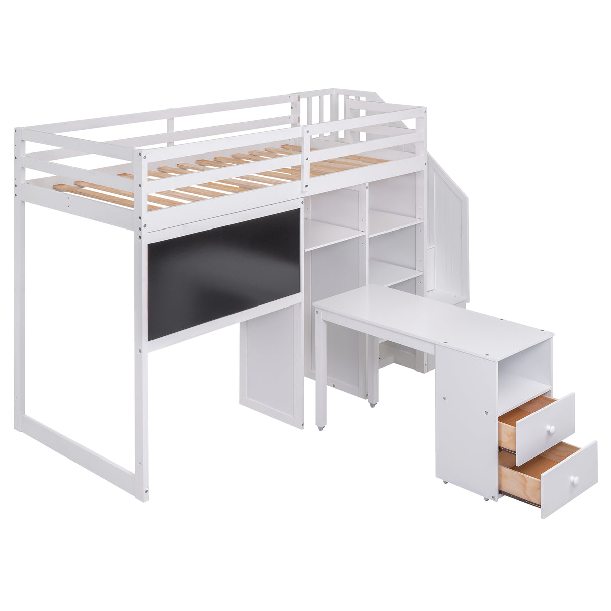 Twin Size Loft Bed with Pullable Desk and Storage Shelves,Staircase and Blackboard,White - Home Elegance USA