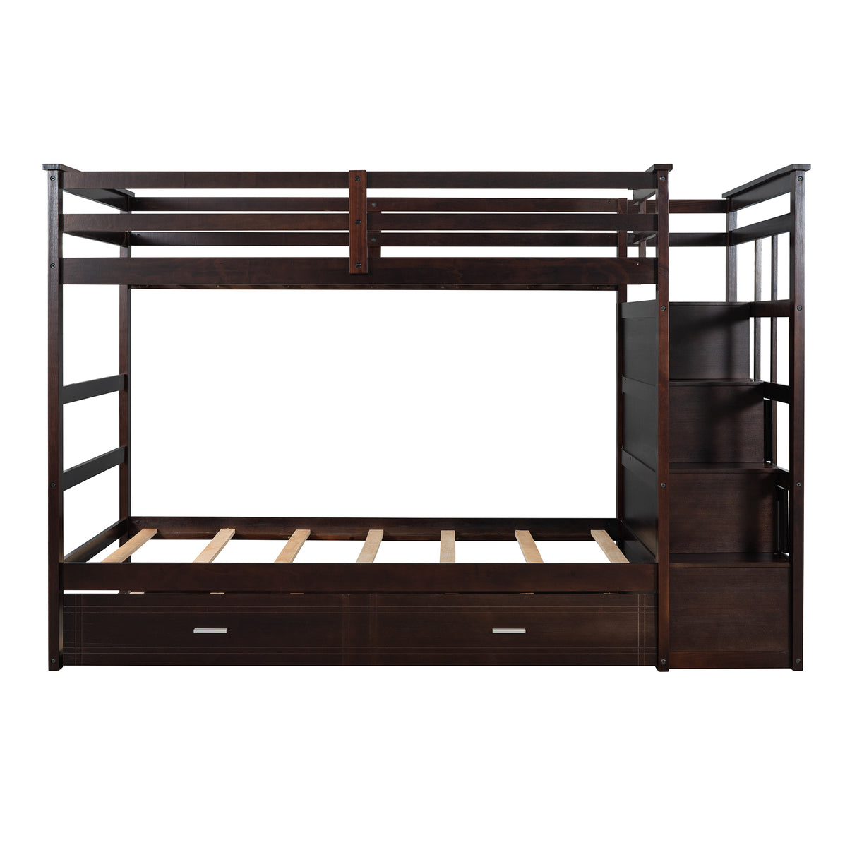 Solid Wood Bunk Bed , Hardwood Twin Over Twin Bunk Bed with Trundle and Staircase, Natural Espresso Finish (OLD SKU: LP000068AAP) - Home Elegance USA